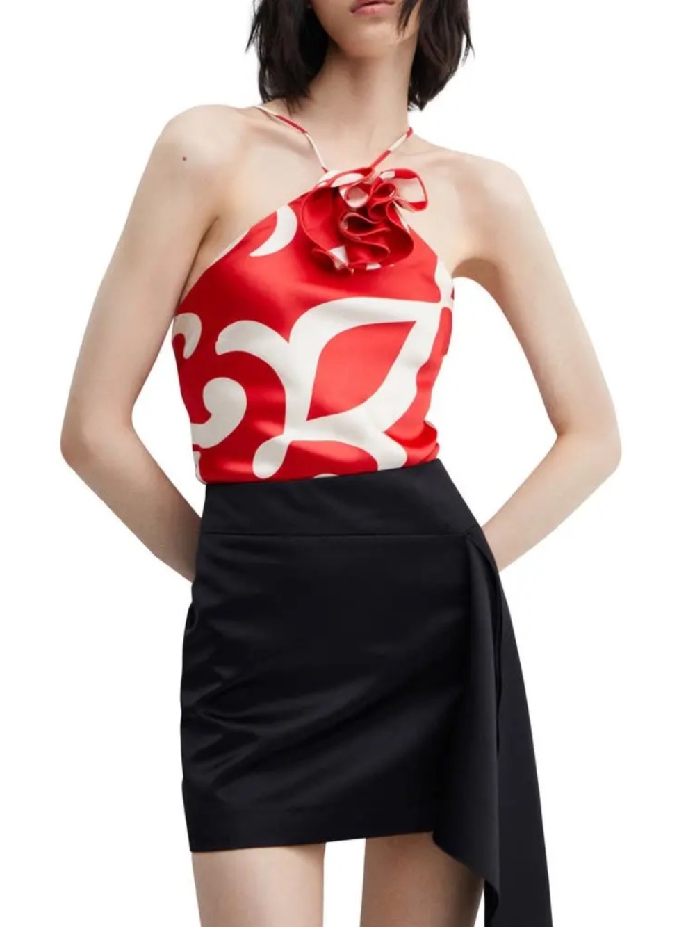 Mango Red and White Halter Satin Camisole with Rosette - M